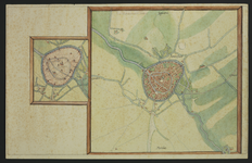 210001 Rechts: Plattegrond van de stad Amersfoort met wijde omgeving; met weergave van het stratenplan, ...